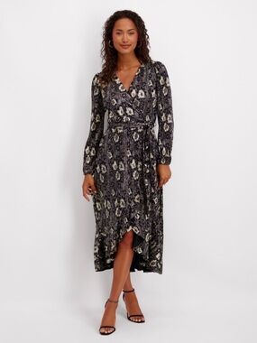 Kensie Black and Gold Floral Faux-Wrap Midi Dress